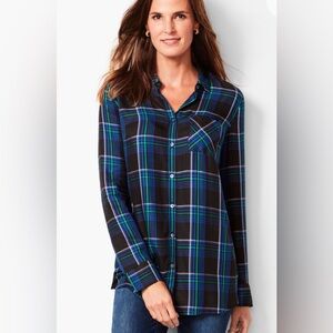 Talbots Navy and Emerald Plaid Button Up Shirt Women’s Medium